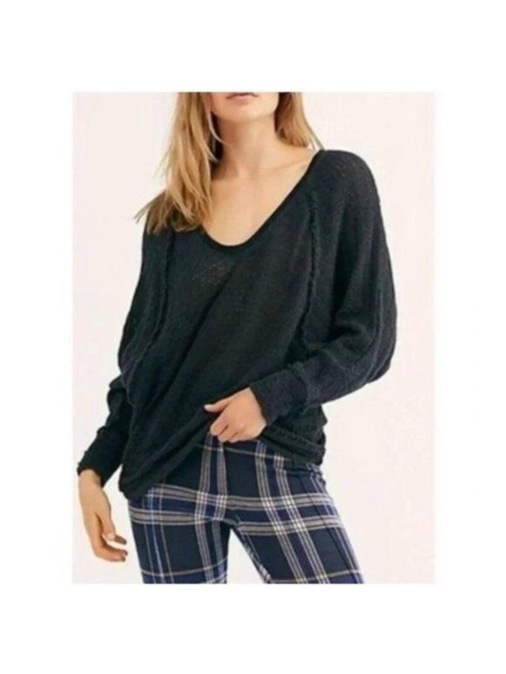 Free People We The Free Black Waffle Knit V-Neck Long Sleeve Pullover Sweater XS
